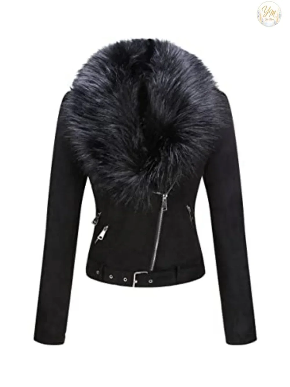 Faux Suede Moto Biker Jacket with Faux Fur Collar Women